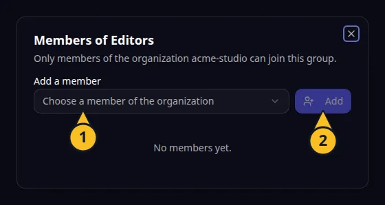 Membres d’un groupe : 1, Ajouter un membre ; 2, Ajouter.