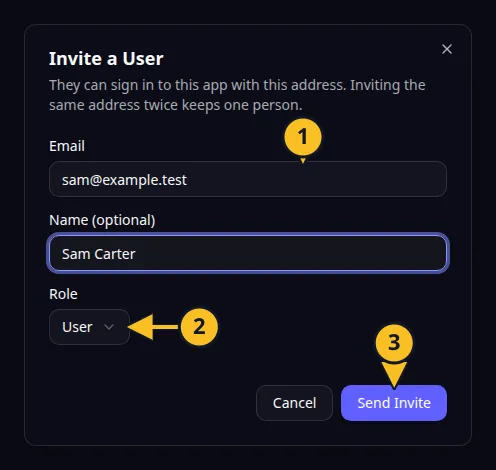 Inviter un utilisateur : 1, adresse e-mail ; 2, rôle ; 3, Envoyer l’invitation.