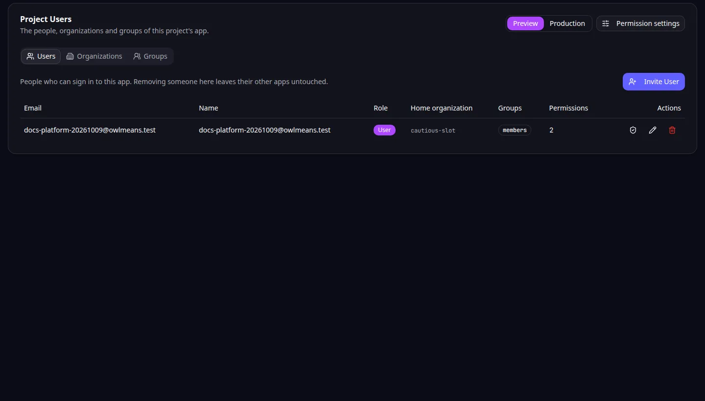 Project users: choose preview or production before managing application access.