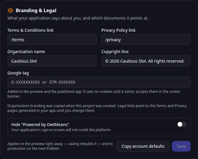 Branding and legal links for the generated application.