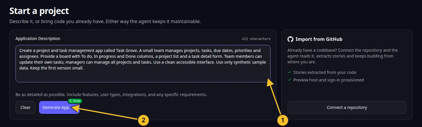 Start a project: 1, application description; 2, Generate App.