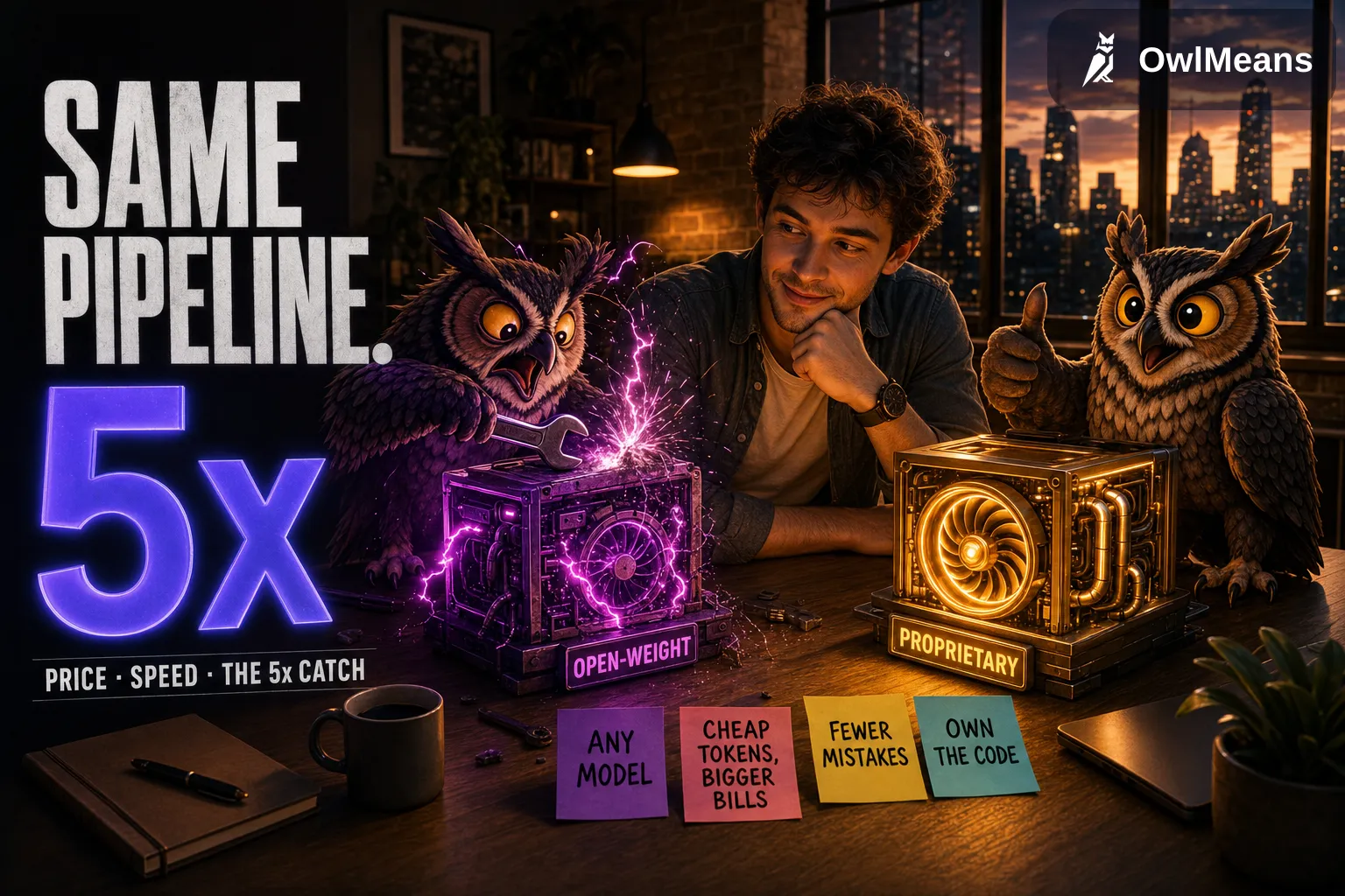 A young founder in a warm dusk-lit office under a baked headline reading SAME PIPELINE / 5x — two cartoon OwlMeans owls each tending a glowing engine: a frazzled owl wrenching a sputtering neon-purple OPEN-WEIGHT engine, and a calm owl giving a thumbs-up beside a steady amber PROPRIETARY engine — with sticky notes reading ANY MODEL, CHEAP TOKENS BIGGER BILLS, FEWER MISTAKES, OWN THE CODE