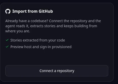 Browser import entry: Connect a repository starts a GitHub import. Follow the guide for local MCP conversion or later-stage review.