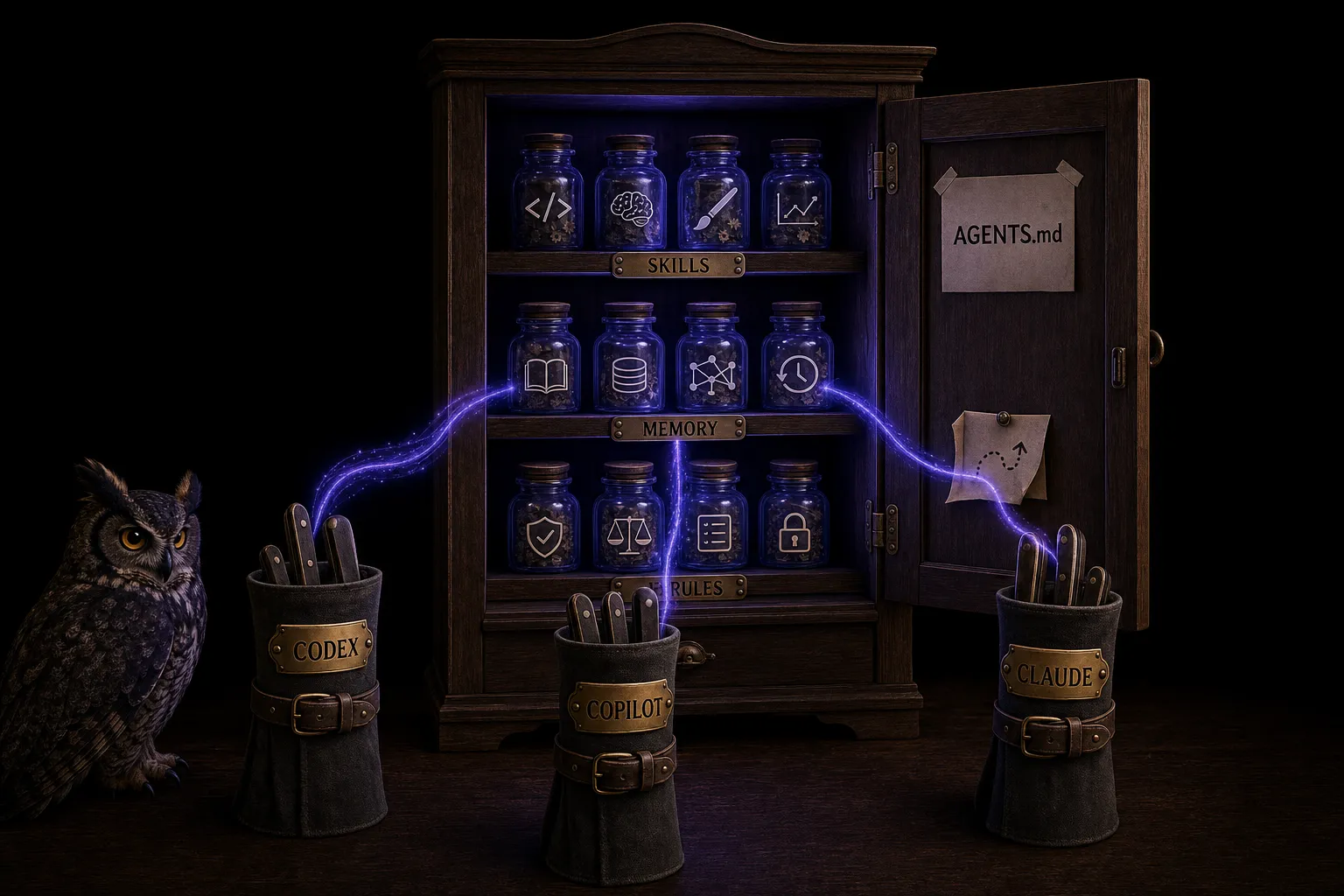 A dark diorama: one lit kitchen cupboard with three shelves labelled SKILLS, MEMORY and RULES and an AGENTS.md card taped inside its open door; three chef knife rolls labelled CODEX, COPILOT and CLAUDE stand before it, indigo light running from each into the cupboard — the CLAUDE ribbon detouring through a small note pinned to the door; an owl watches from the corner