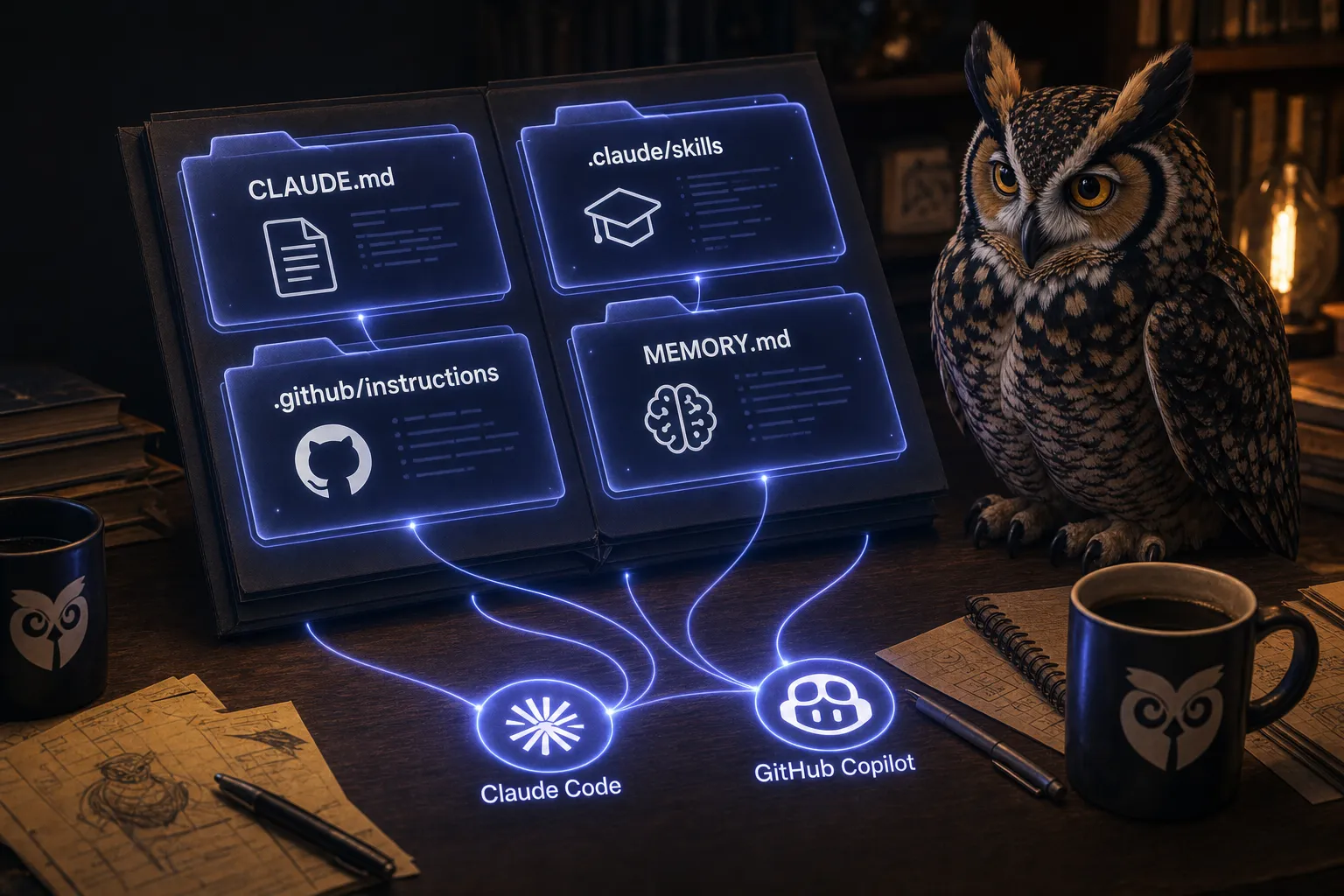 An open project folder rendered as glowing labeled cards — CLAUDE.md, .claude/skills, .github/instructions, MEMORY.md — with thin light-threads connecting them to a Claude Code and a Copilot mark, the owl watching approvingly
