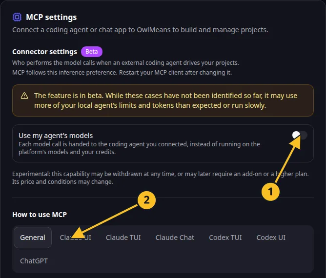 OwlMeans MCP settings: 1, inference preference; 2, client setup tabs.