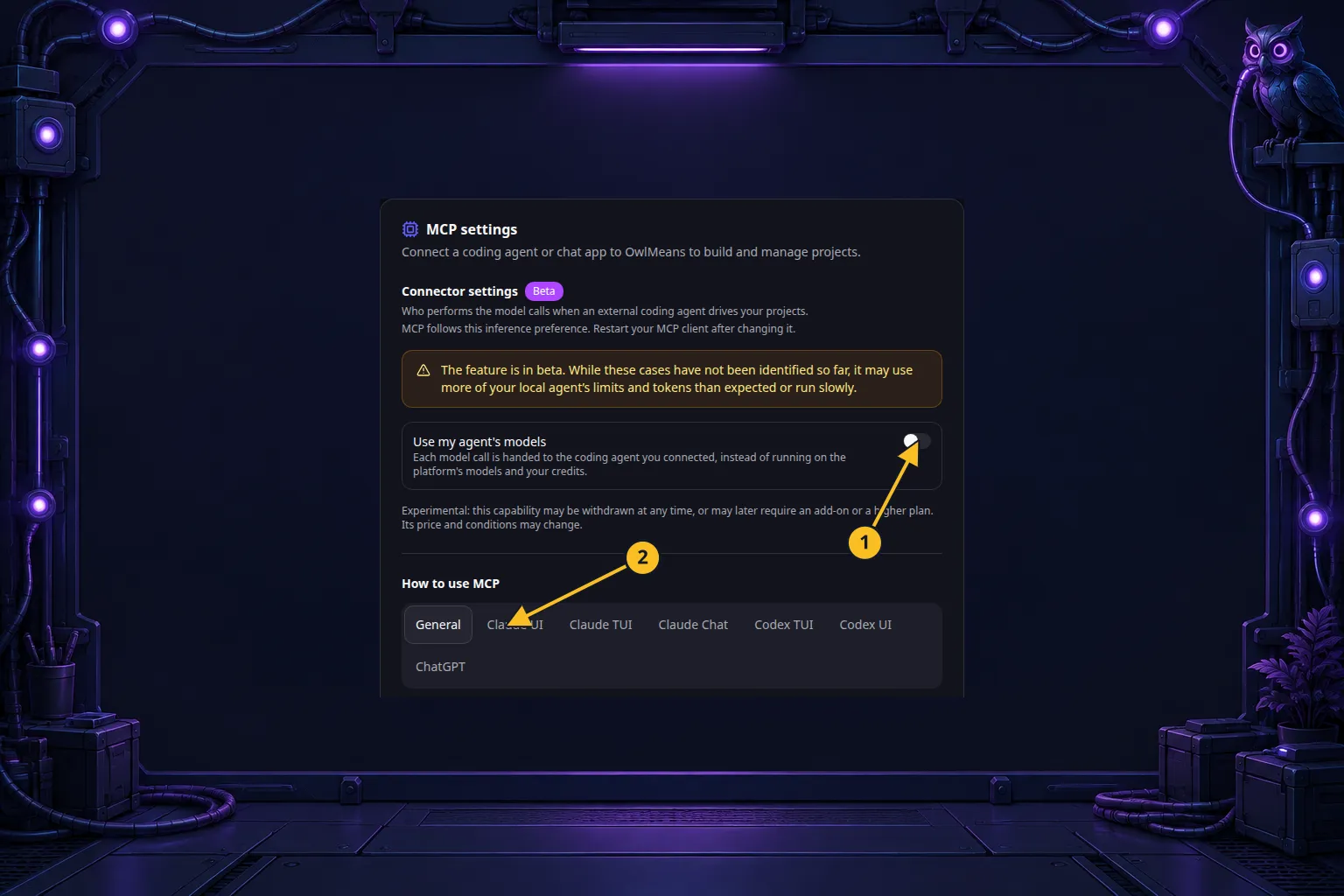 OwlMeans MCP overview: real interface with decorative framing