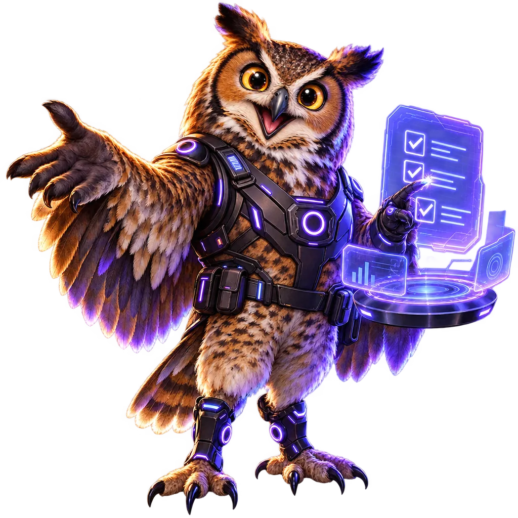 An OwlMeans owl welcoming you to a done-for-you engagement