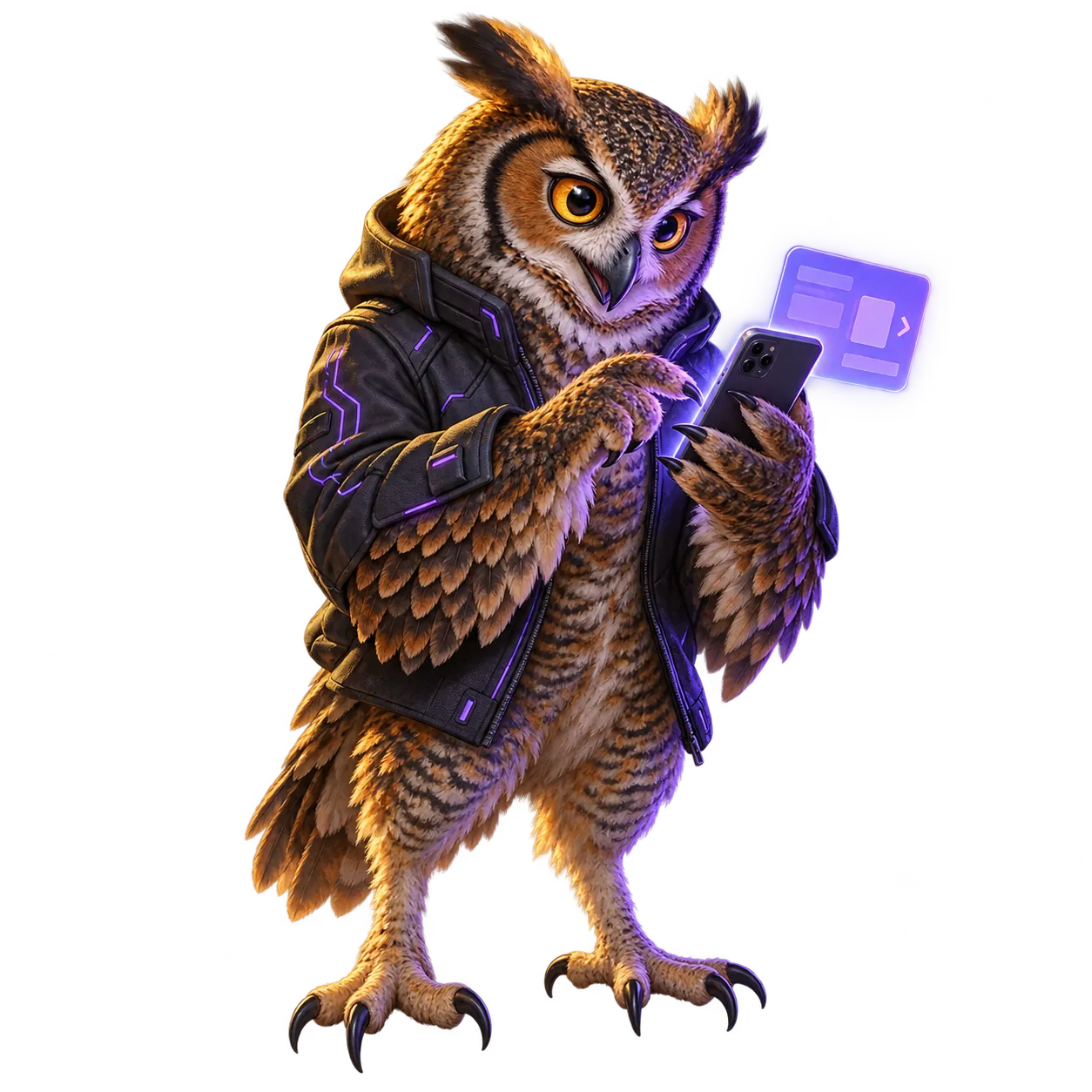 An owl tests an application on a phone before making another change