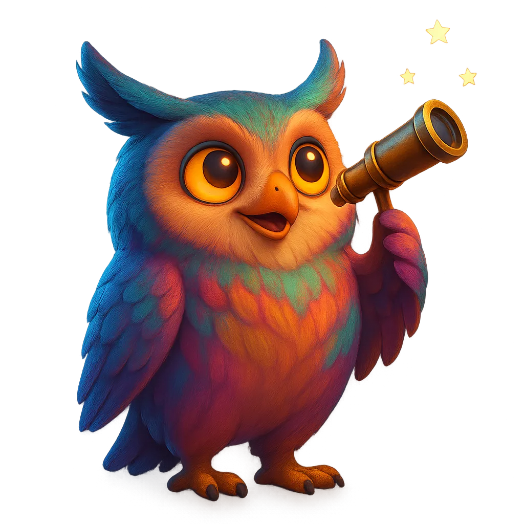 Un búho de OwlMeans oteando el horizonte con un telescopio