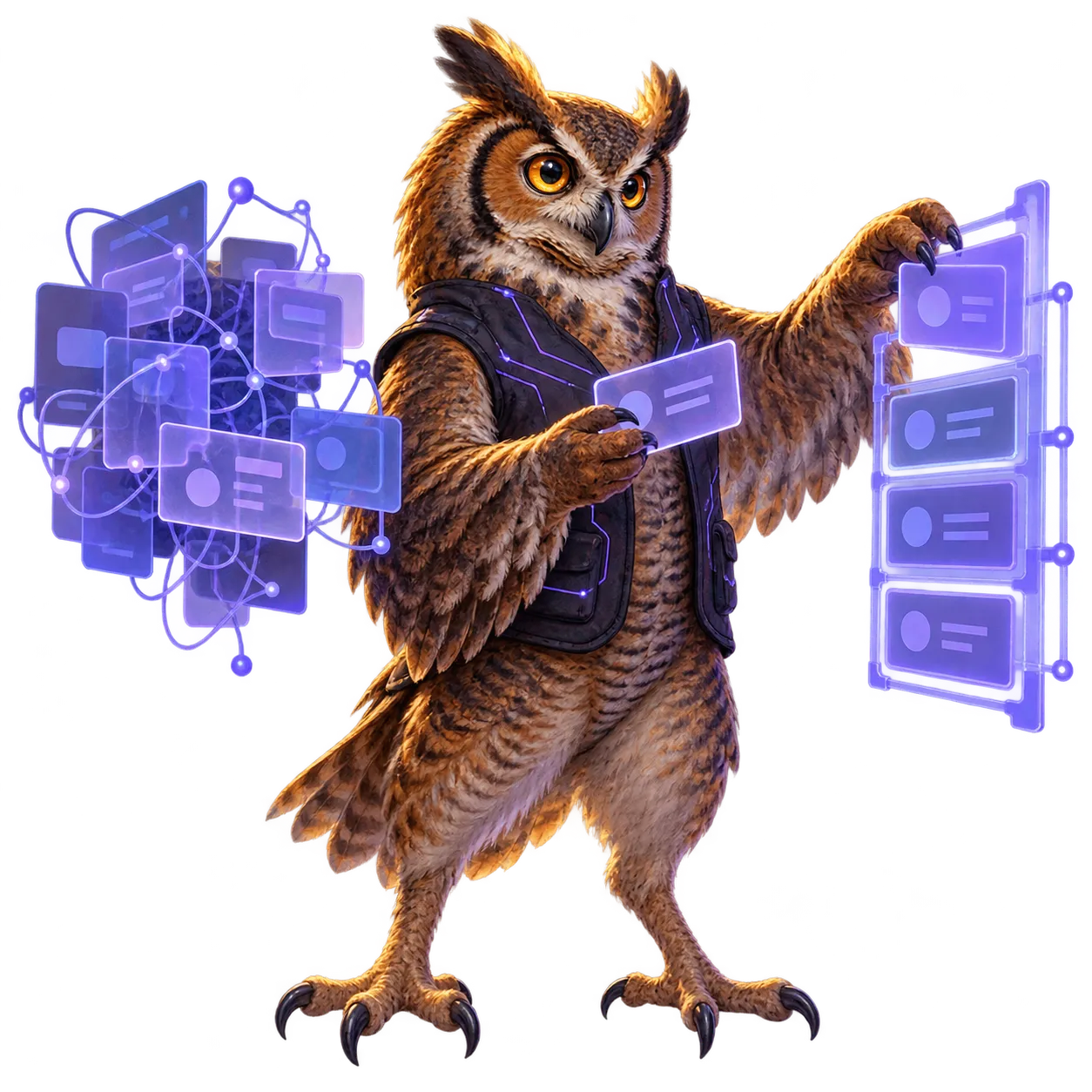 An owl moves recovered application panels into a clear structure