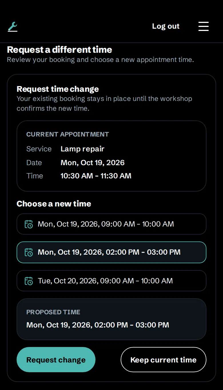 Peter’s booking app on a phone, where a test customer chooses a new time for a lamp repair booking before sending the request