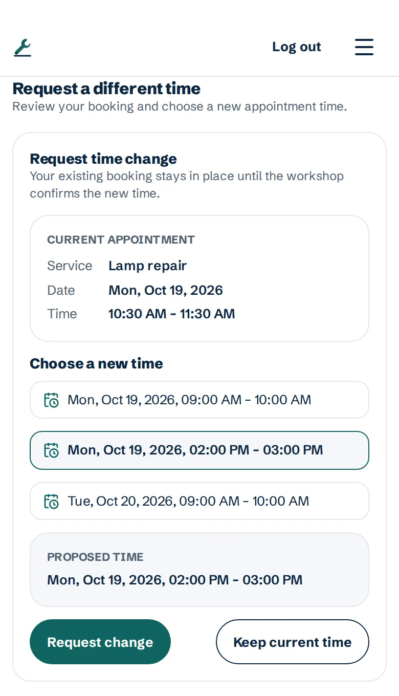 Peter’s booking app on a phone, where a test customer chooses a new time for a lamp repair booking before sending the request