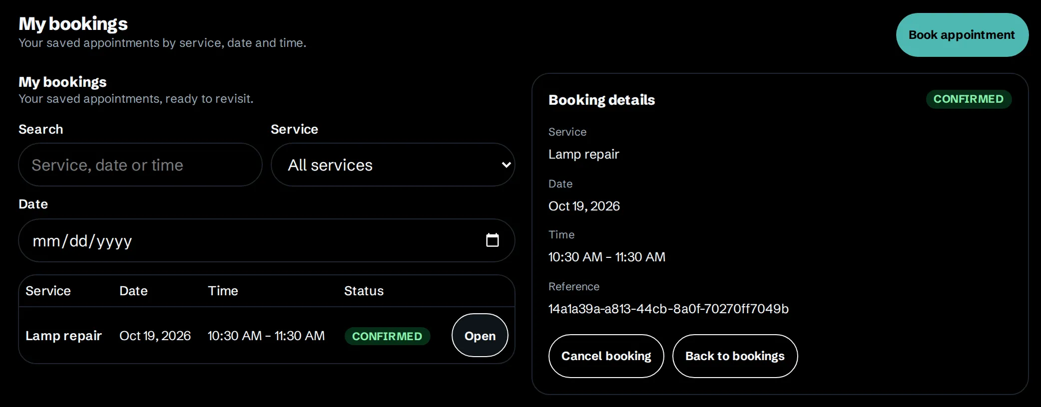 The My bookings screen of Peter’s booking app, with a test customer’s lamp repair booking and its details
