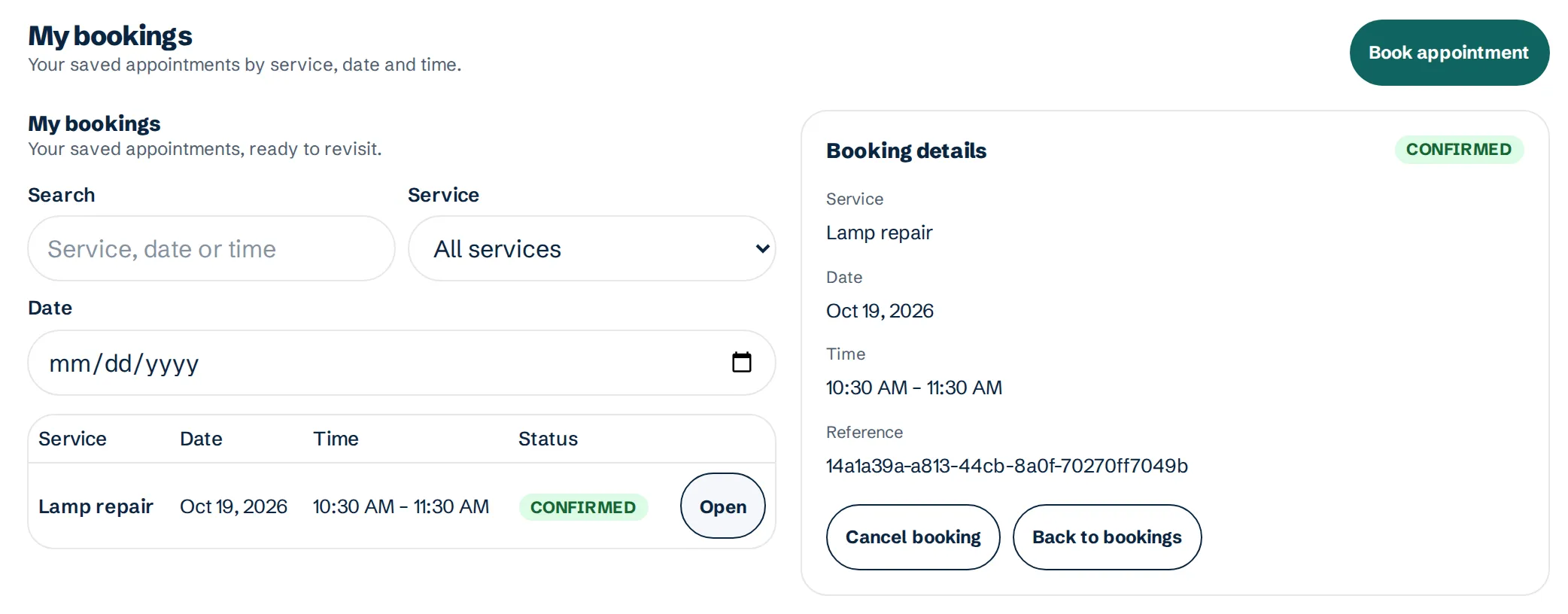 The My bookings screen of Peter’s booking app, with a test customer’s lamp repair booking and its details