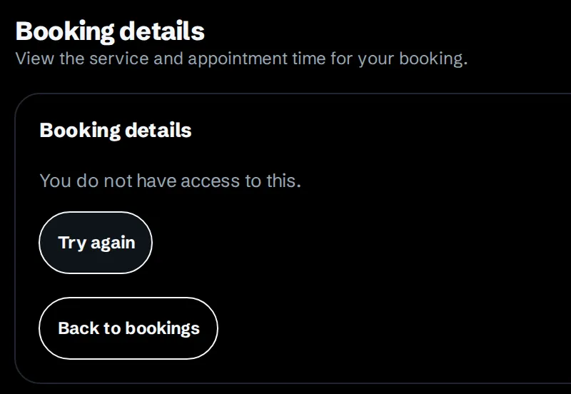 Peter’s booking app refusing a second test customer who tries to open the first customer’s booking