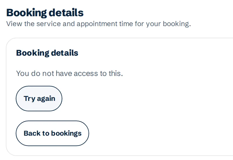 Peter’s booking app refusing a second test customer who tries to open the first customer’s booking