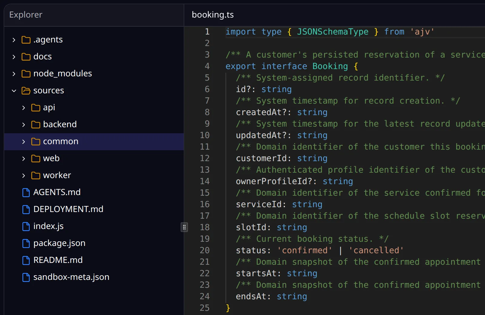 The code editor of the OwlMeans Platform with the generated repository of Peter’s booking app, open at the shared booking record
