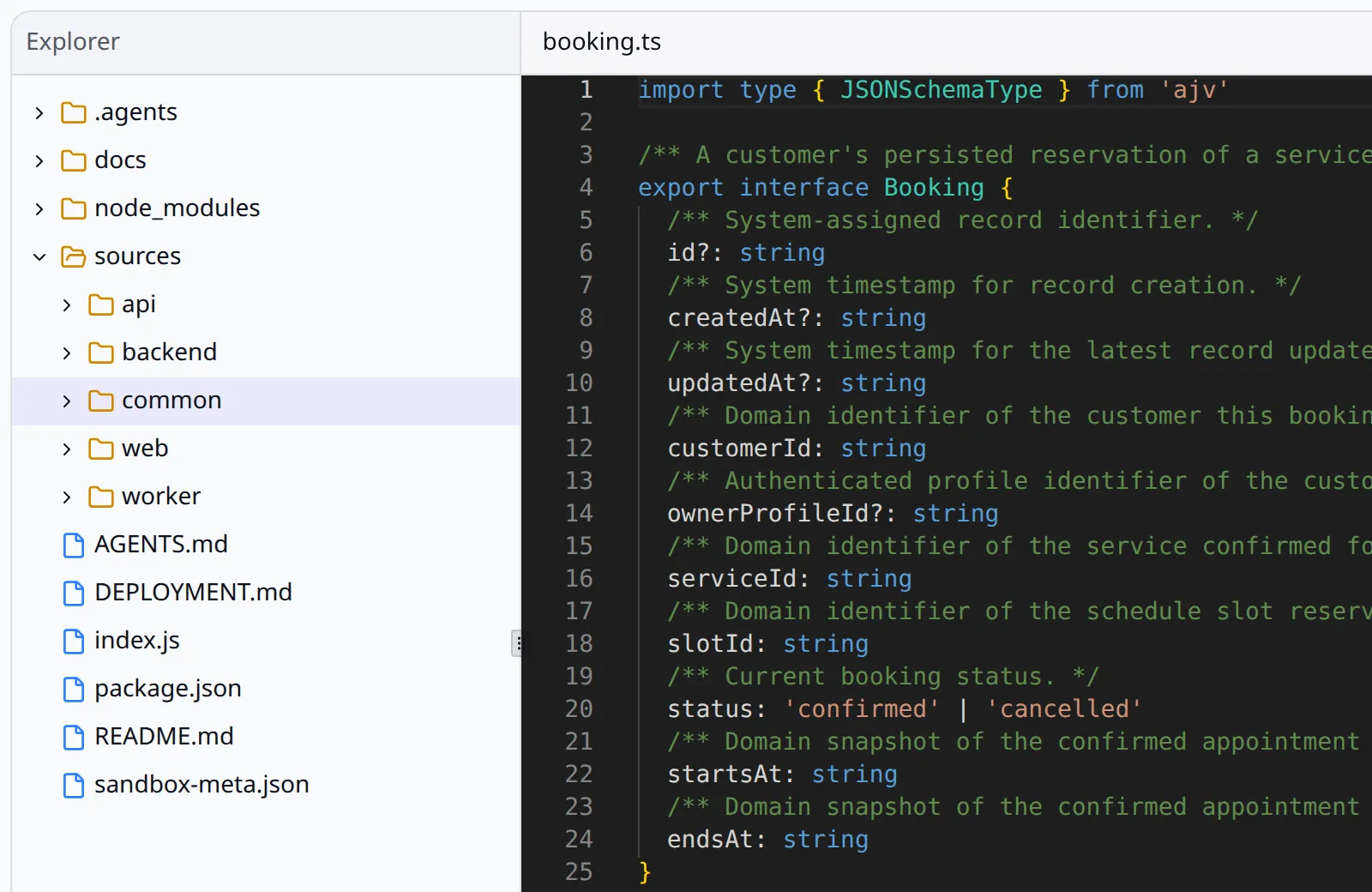 The code editor of the OwlMeans Platform with the generated repository of Peter’s booking app, open at the shared booking record