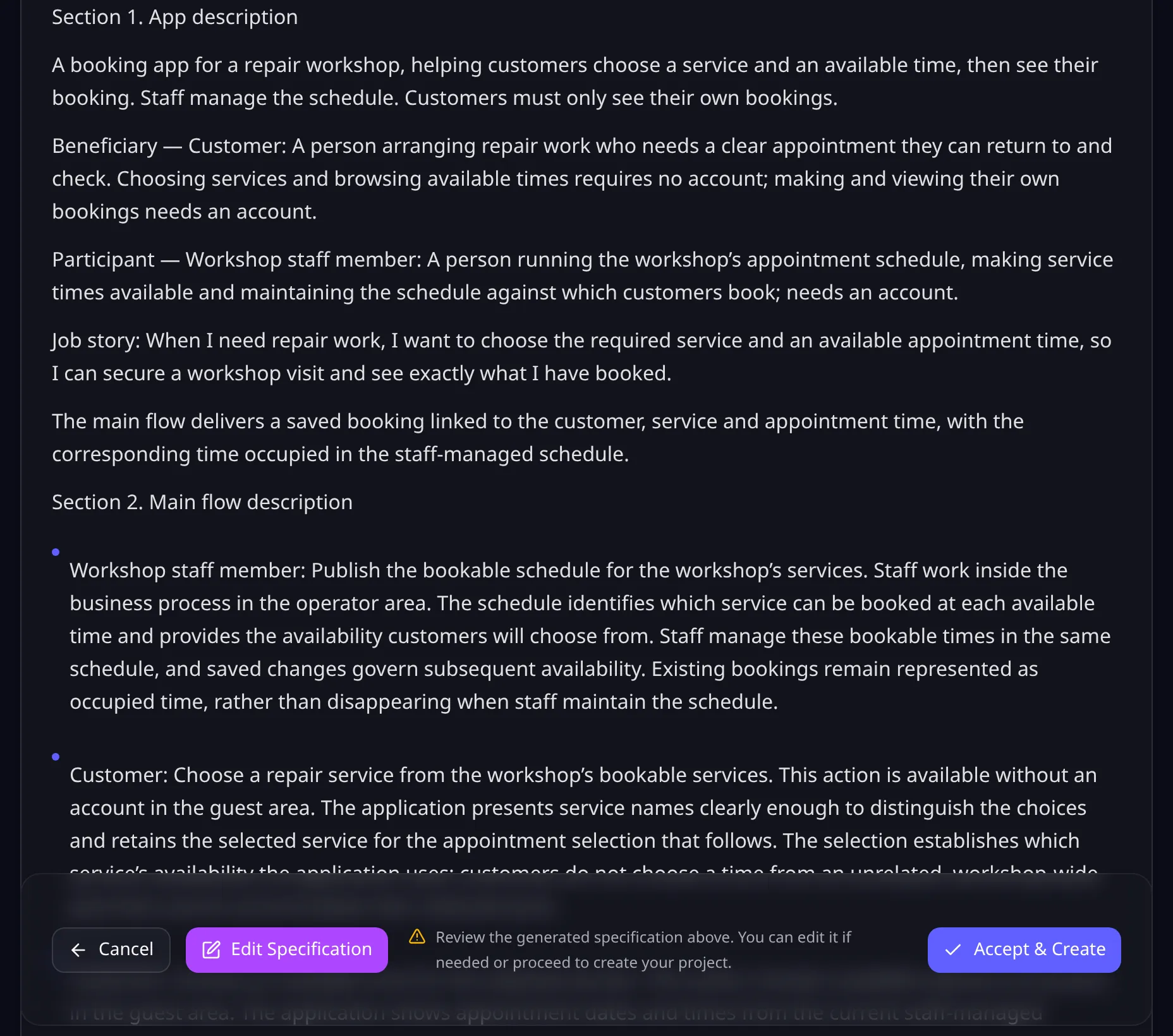 The specification of Peter’s booking app in the OwlMeans Platform, with the buttons to edit or accept it