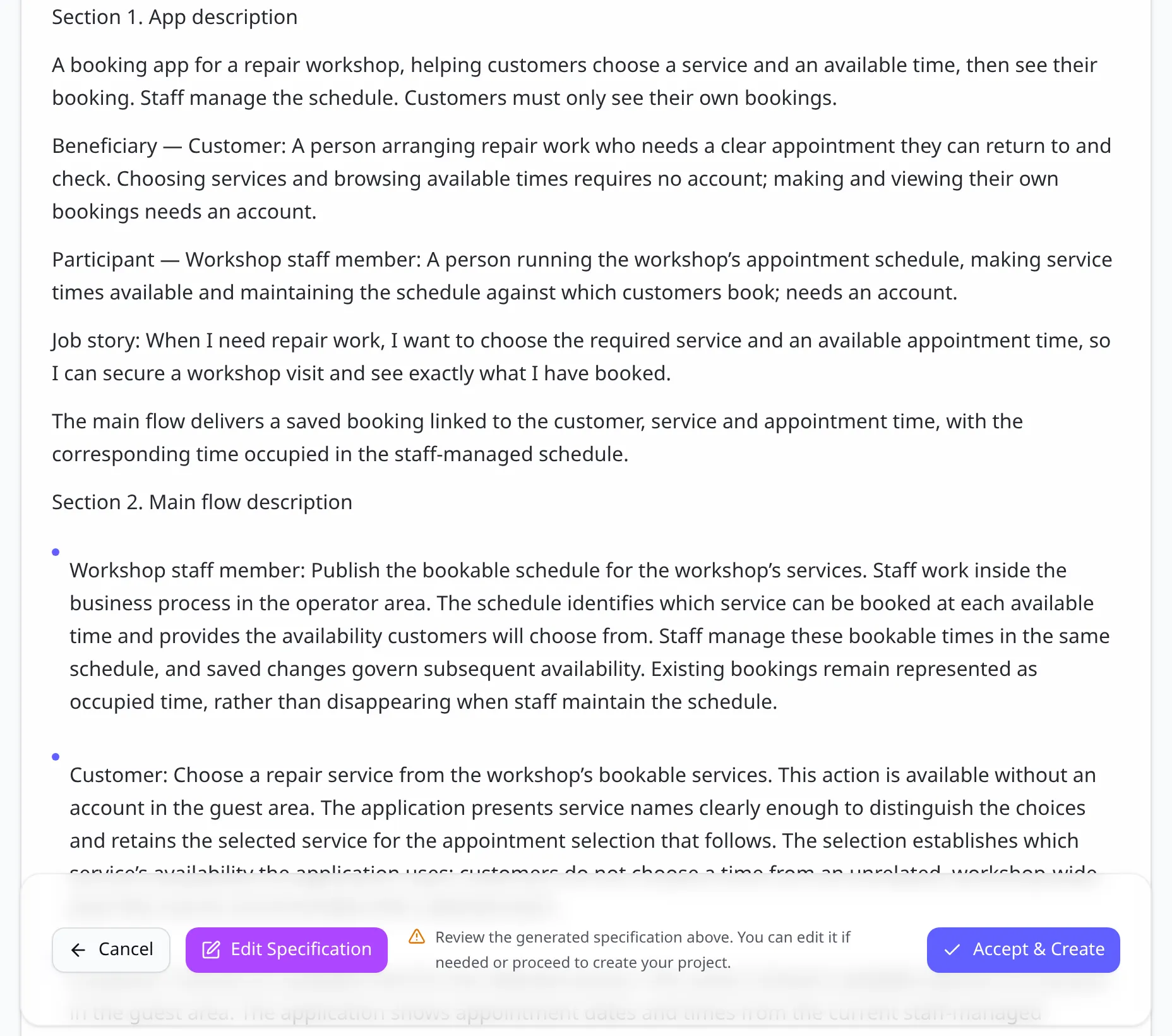 The specification of Peter’s booking app in the OwlMeans Platform, with the buttons to edit or accept it