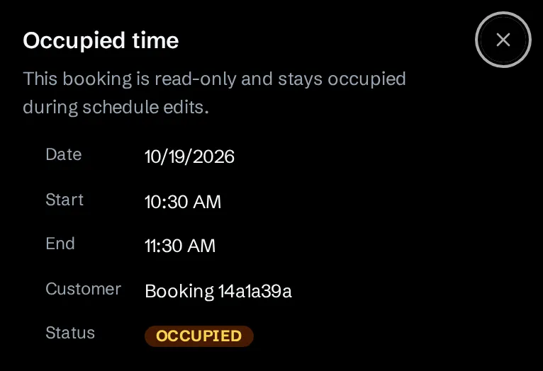 The back office of Peter’s booking app, where the time of the same booking shows as occupied