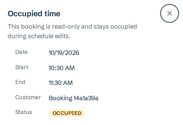 The back office of Peter’s booking app, where the time of the same booking shows as occupied