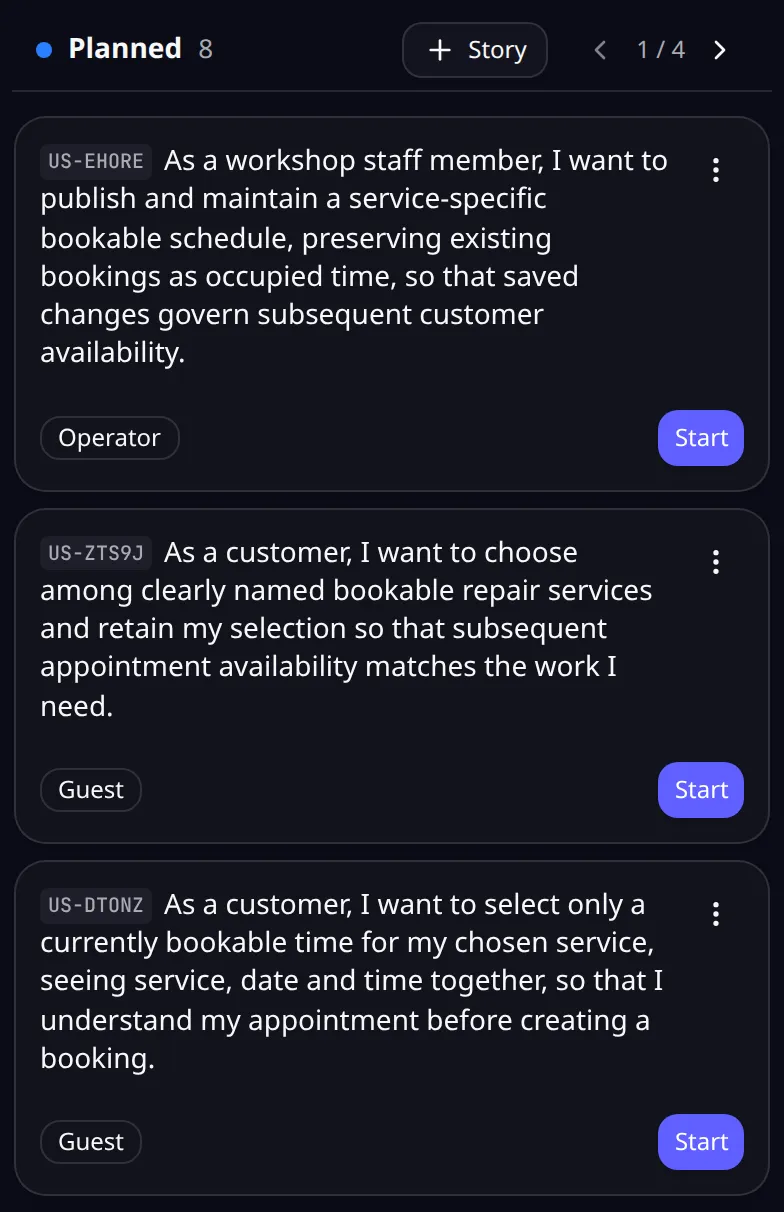 The story board of Peter’s booking app with the planned stories: the staff schedule first, then the customer choosing a service and a time