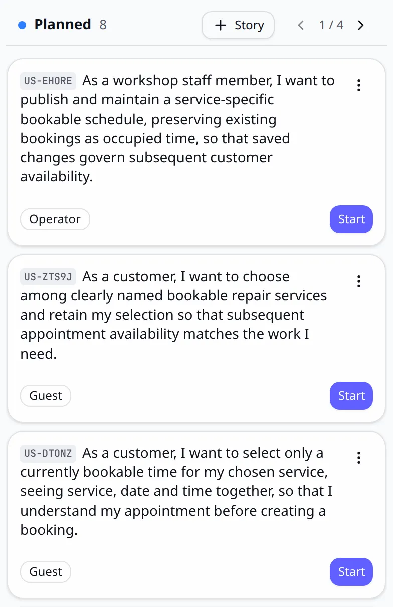 The story board of Peter’s booking app with the planned stories: the staff schedule first, then the customer choosing a service and a time