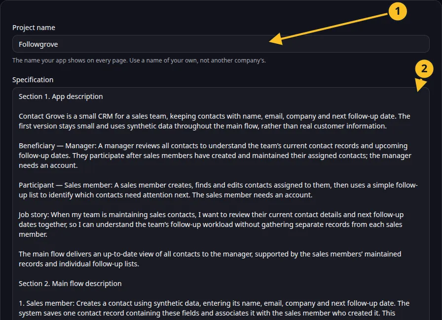 Specification editor: 1, app name; 2, specification.